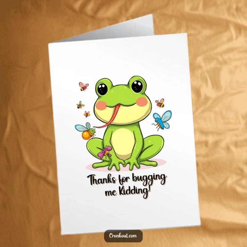 Funny Free Printable Thank You Card: Goofy frog with a long tongue catching a collection of colorful bugs, expressing appreciation.
