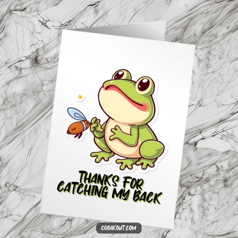 Funny Free Printable Thank You Card where a small frog's tongue snatches a fly as a thank you gesture.