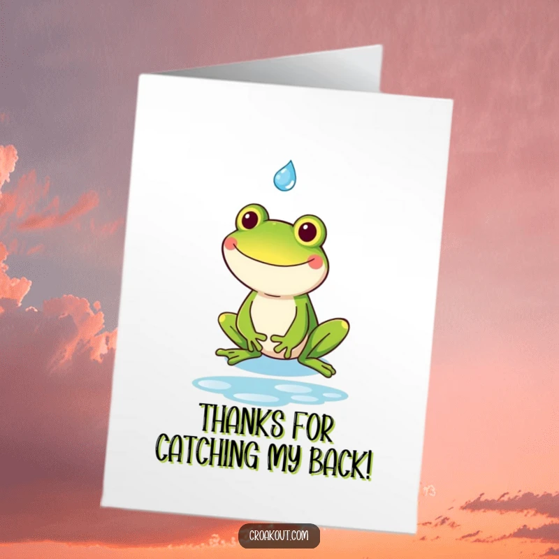 Funny Free Printable Thank You Card: Goofy kawaii frog with a wide grin catching a raindrop, a charming downloadable card.