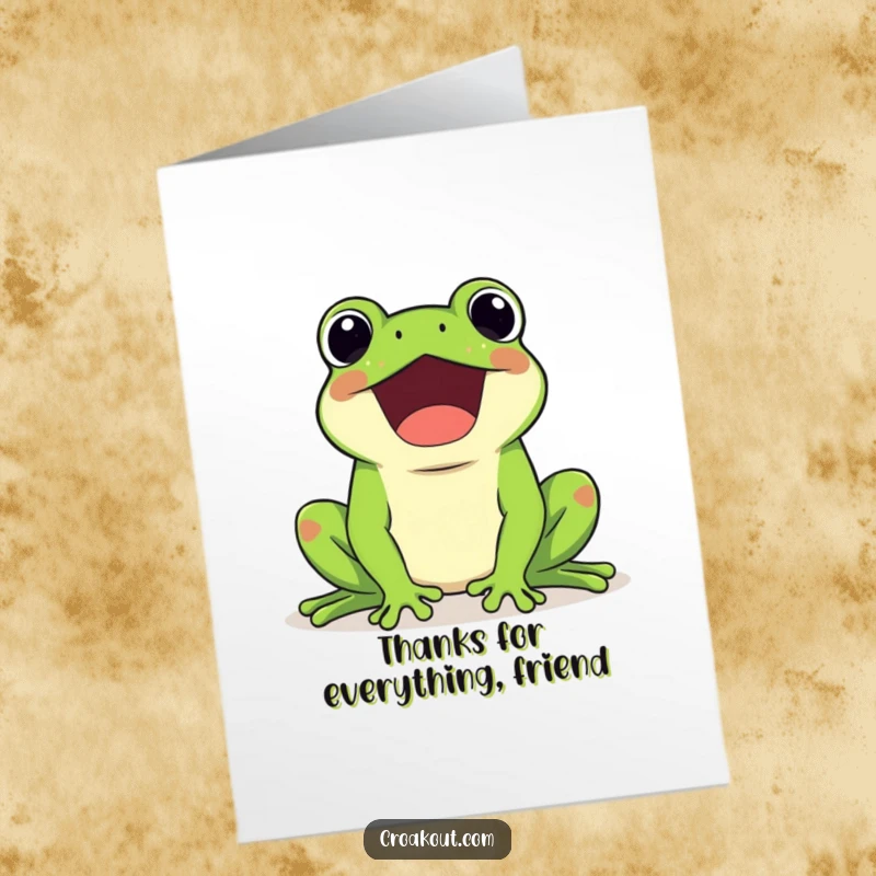 Funny Free Printable Thank You Card: a kawaii frog character happily croaking loudly, available for printing.