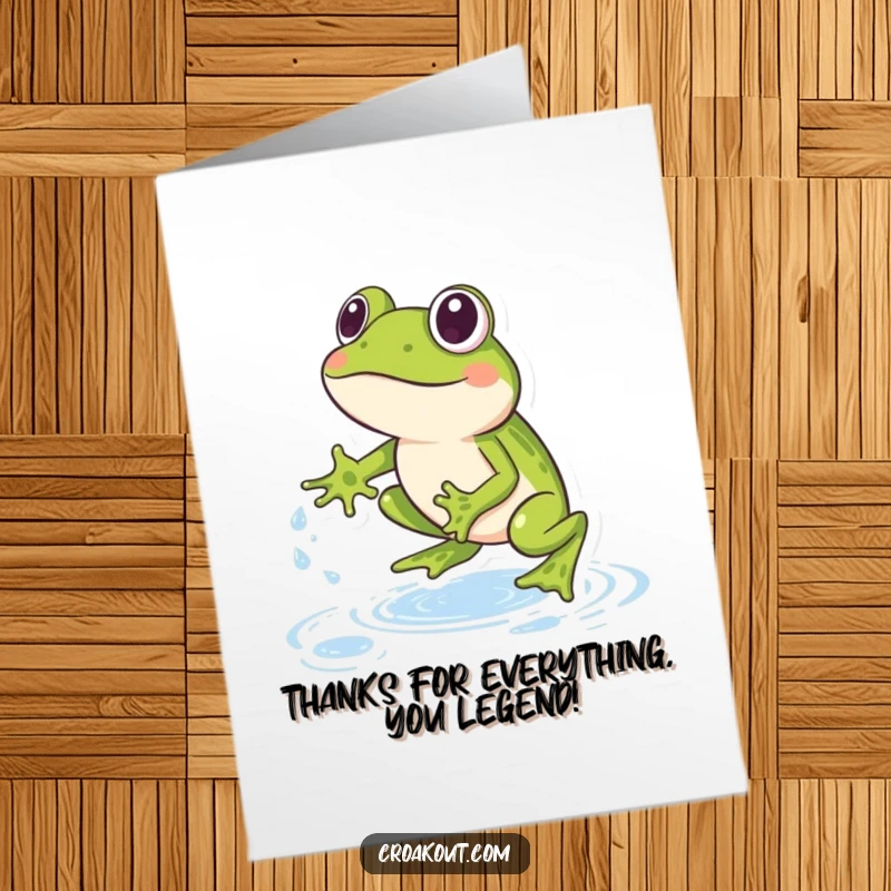 Funny Free Printable Thank You Card: A happy frog energetically leaping over shimmering water droplets, sending a cheerful message of thanks.