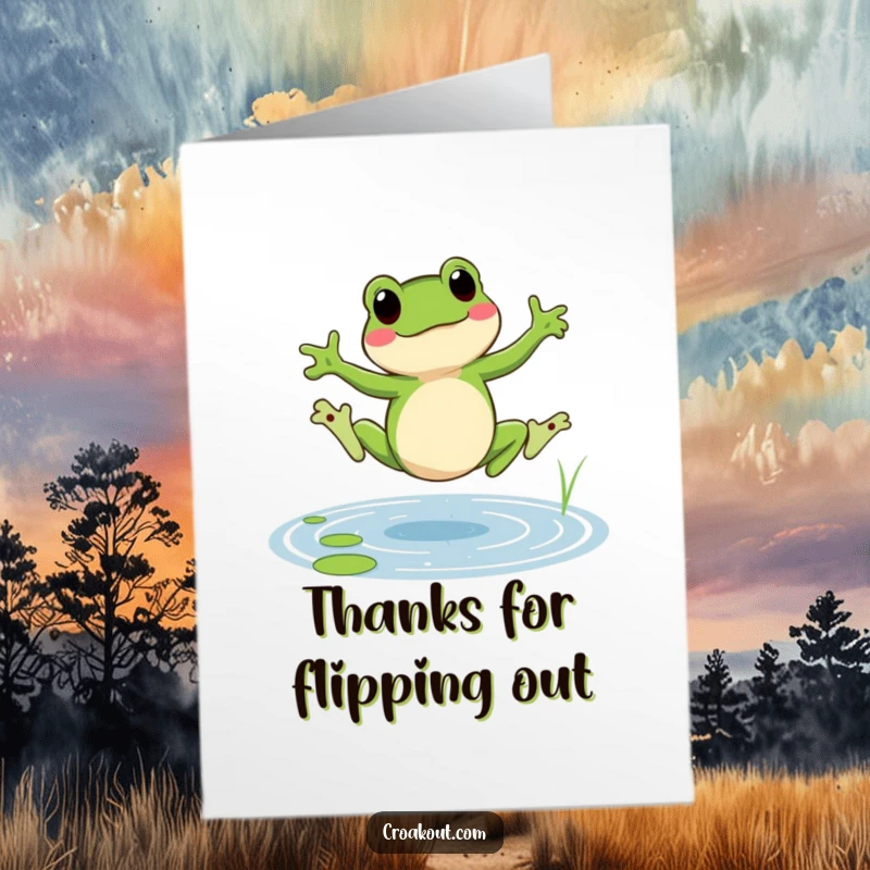 Funny Free Printable Thank You Card where a frog cheerfully cartwheels in a pond, offering thanks.
