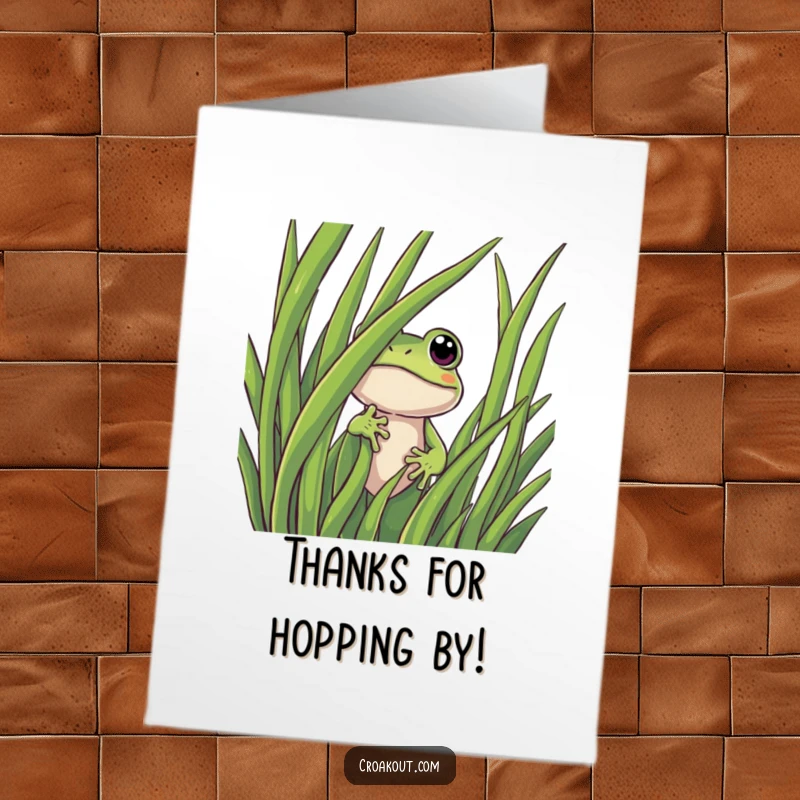 Funny Free Printable Frog Thank You Card: Curious frog peeking from behind grass, offering thanks with a smile.