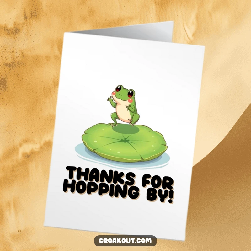 Funny Free Printable Thank You Card: A tiny frog character happily landing on a large lily pad with thanks.