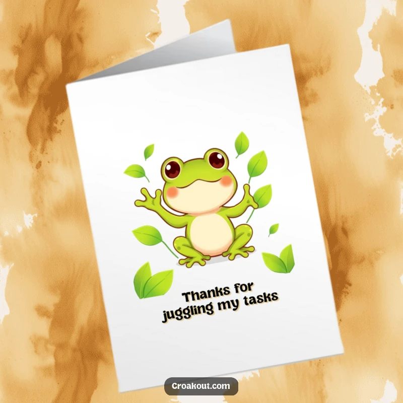Funny Free Printable Thank You Card showing a cute Kawaii frog happily juggling green leaves as a token of thanks.
