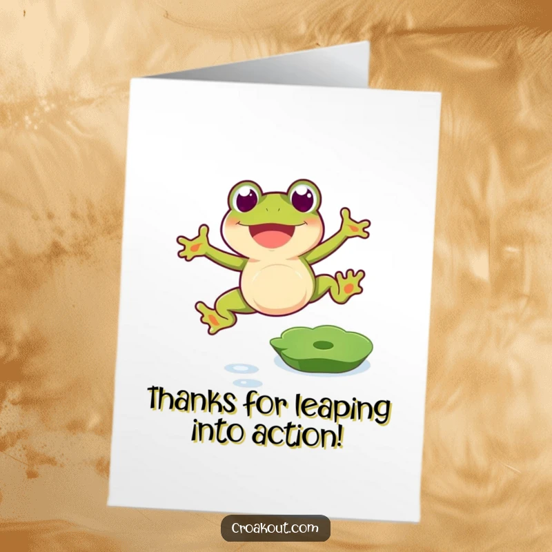 Funny Free Printable Thank You Card: Ecstatic frog leaping high over a lily pad, expressing thanks.
