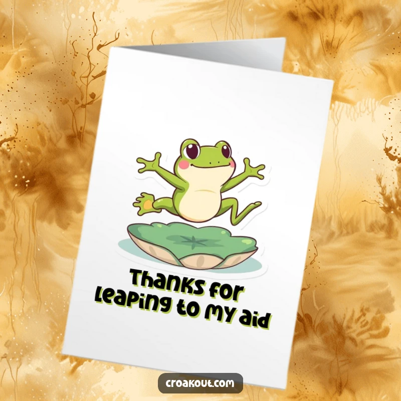Funny Free Printable Thank You Card with a green frog energetically leaping over a lily pad in gratitude.