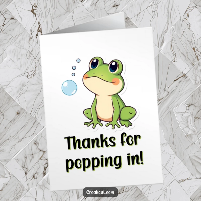 Funny free printable thank you card of a frog looking startled as a bubble pops. Easy printable surprise.