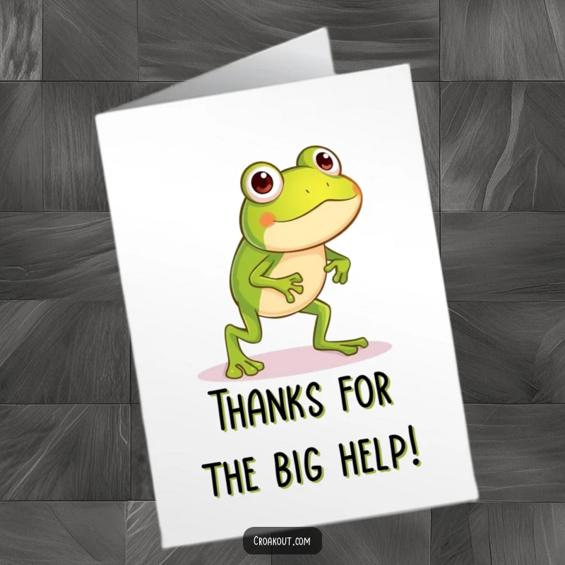 Funny Free Printable Frog Thank You Card: Little frog with long legs attempting a comical hop, offering thanks playfully.