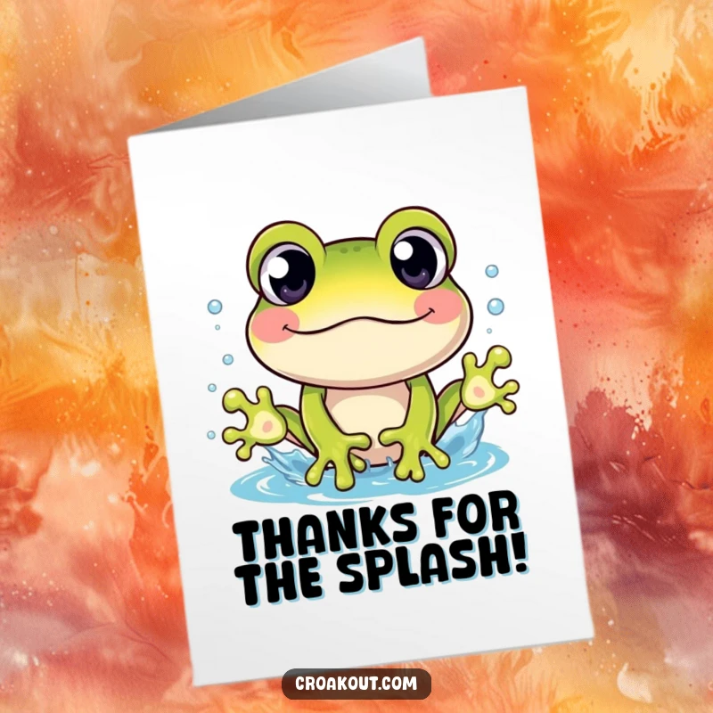 Funny Free Printable Thank You Card: A cheerful frog with wide eyes creating a big, happy splash.