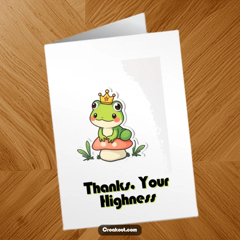 Funny Free Printable Thank You Card of a frog king on a mushroom, offering thanks with a tiny crown.