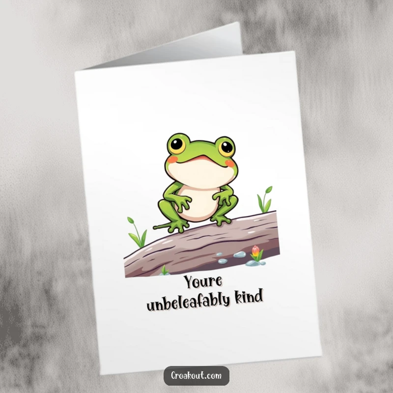 Funny Free Printable Thank You Card: a kawaii frog comically struggles for balance on a slippery log, available for printing.