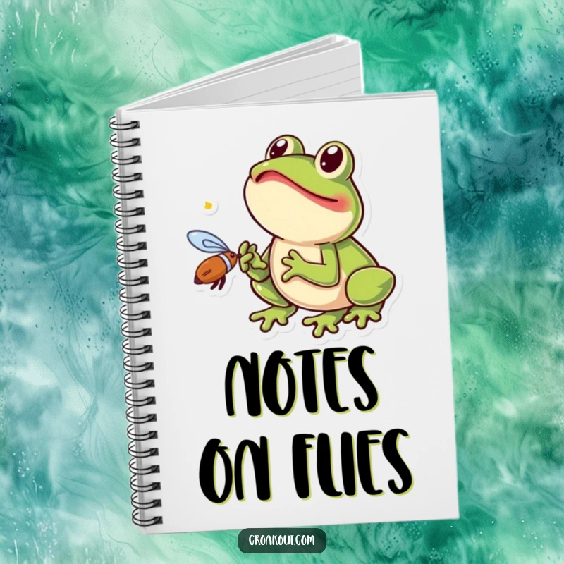 Funny frog notebook showing a small amphibian excitedly catching a fly with its tongue, perfect for jotting down quick thoughts.