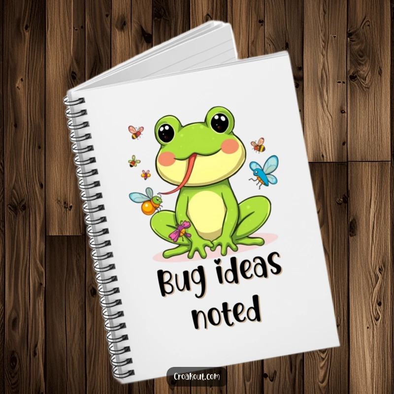 Funny notebook cover art featuring a frog with a long tongue actively and joyfully catching various colorful bugs.