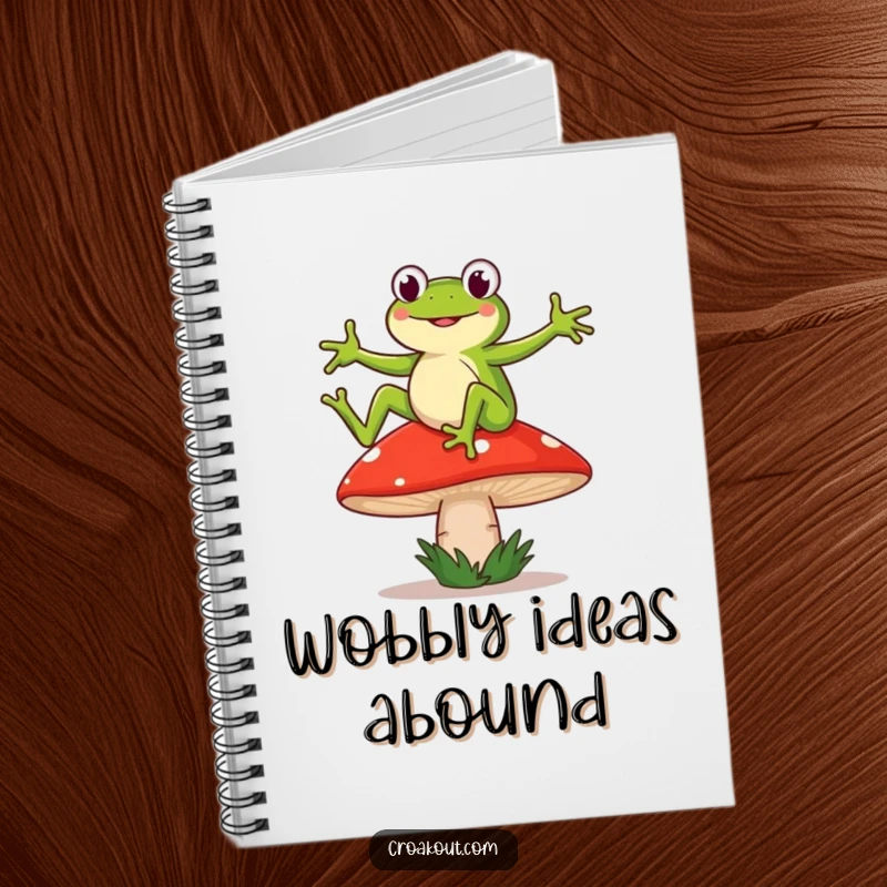 Funny notebook with a frog character dancing on a wobbly mushroom, perfect for jotting down funny thoughts and plans.