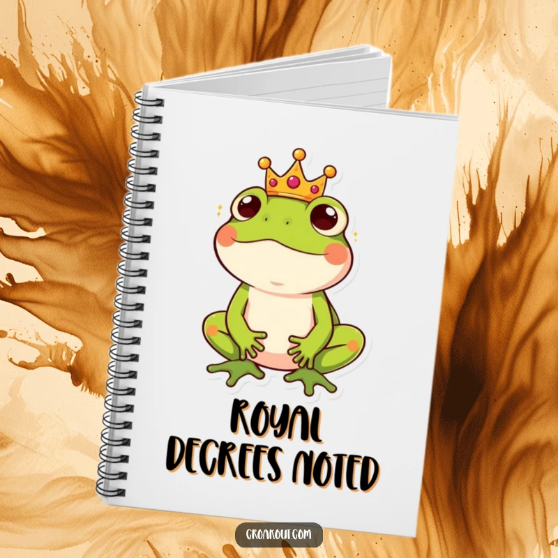 Funny notebook cover featuring a frog wearing a miniature crown, exuding regal amusement and ready for important notes.