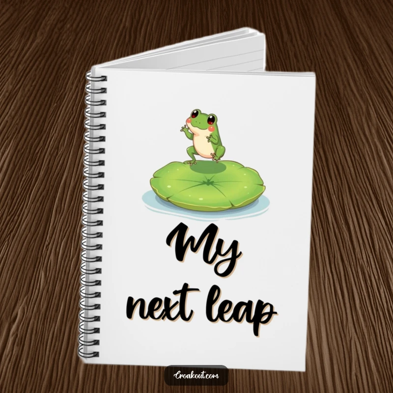 Funny notebook with a tiny frog character leaping onto a large lily pad, perfect for notes and sketches.