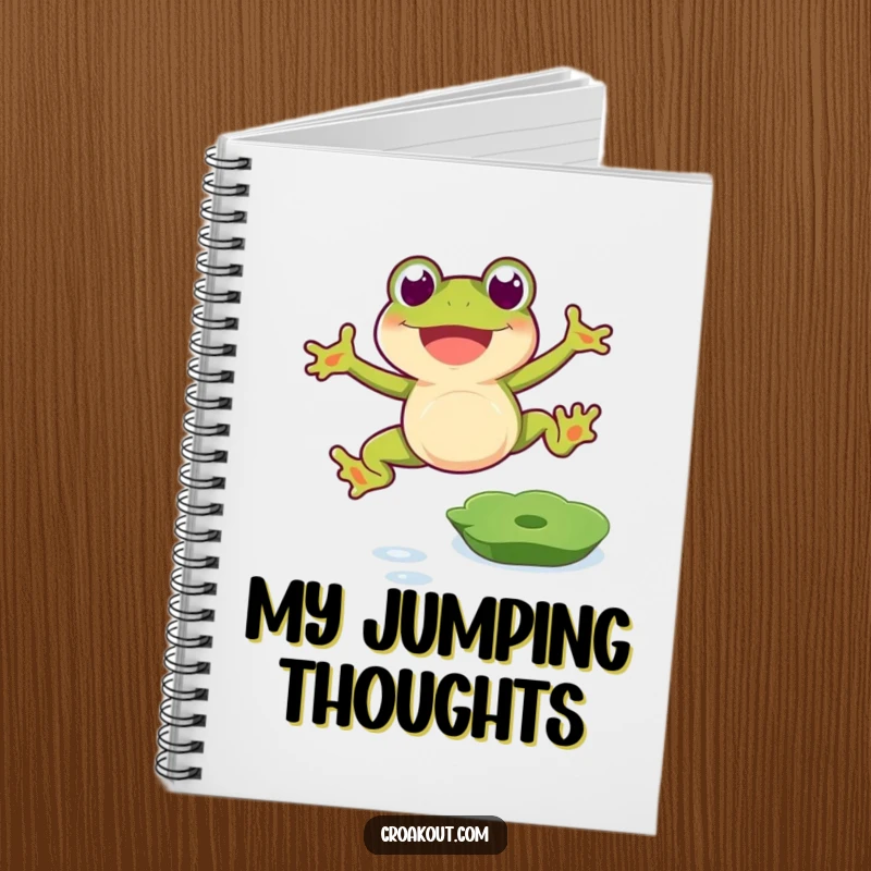 Funny frog notebook showing a happy amphibian leaping over a lily pad, perfect for jotting notes, a funny gift.