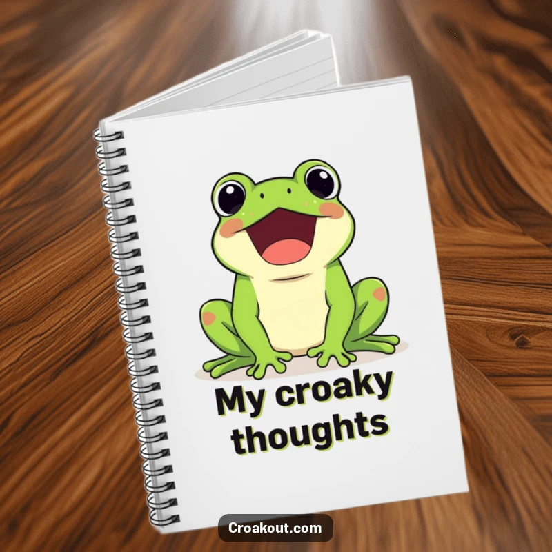 Funny notebook with a kawaii frog character happily croaking loudly, lined pages for capturing notes and happy thoughts.