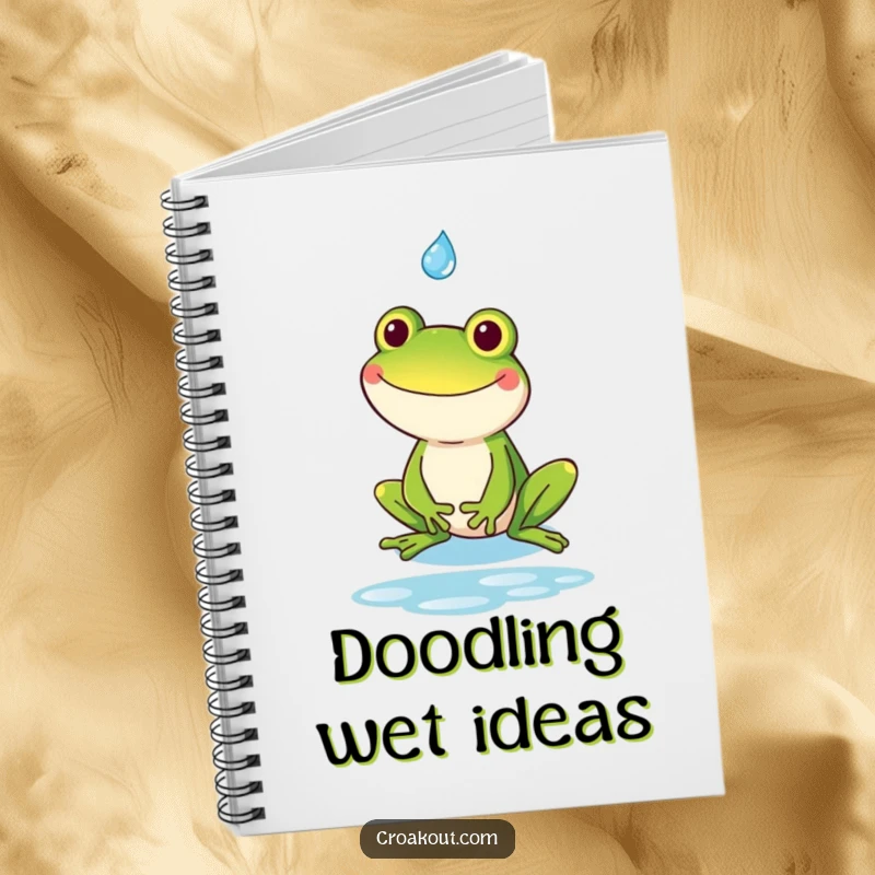 Funny kawaii frog with a goofy grin catching a raindrop, shown on a notebook for jotting down ideas humorously.