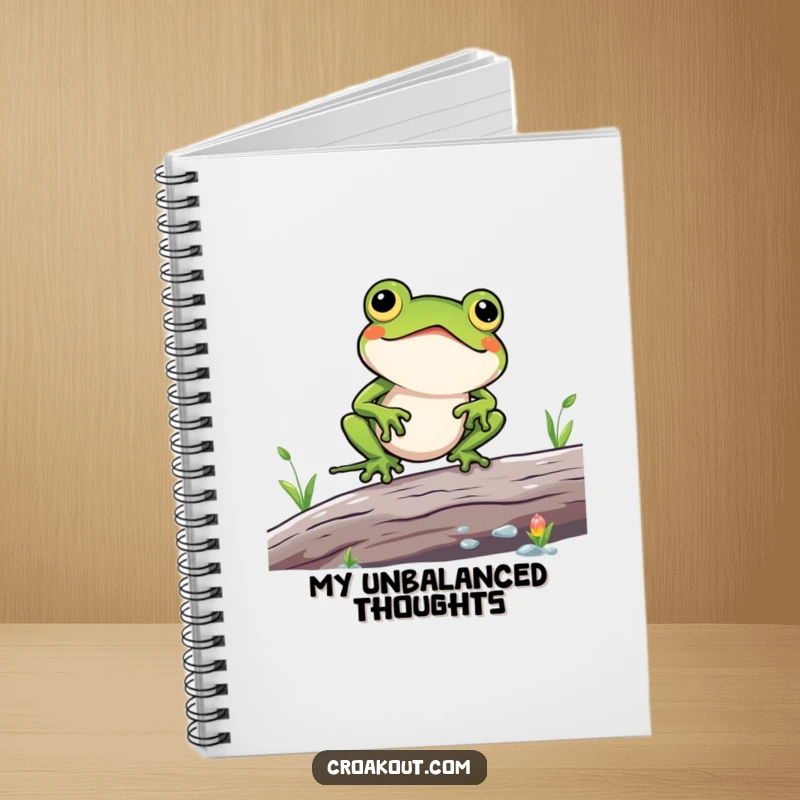 Funny notebook with a kawaii frog character comically struggling to balance on a log, lined pages for notes and humorous ideas.