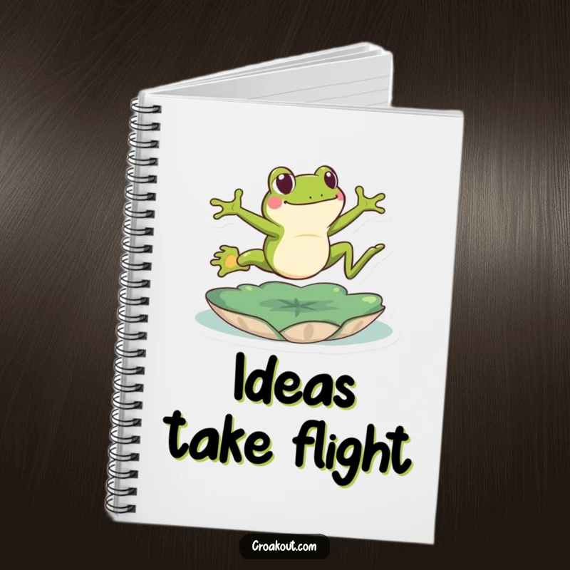 Funny frog notebook showing an energetic green amphibian leaping over a lily pad, ideal for jotting down funny thoughts and ideas.