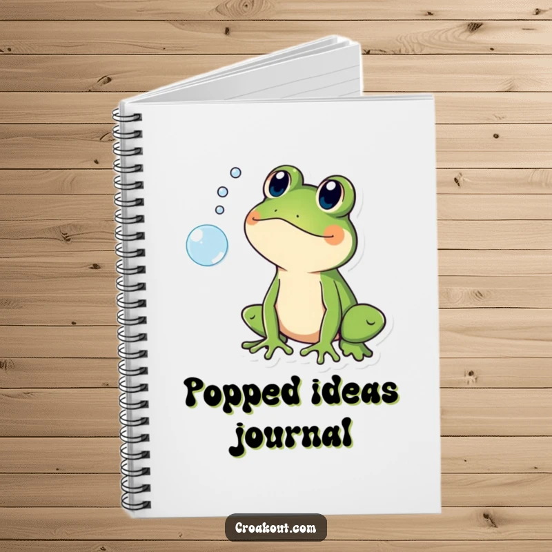 Funny notebook with a frog character shocked by a popping bubble, perfect for jotting down funny, surprised thoughts.
