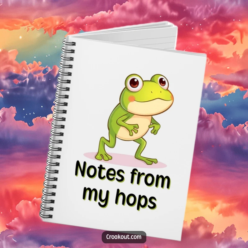 Funny frog notebook with a little character with long legs in a silly hop, designed for recording funny thoughts and creative ideas.