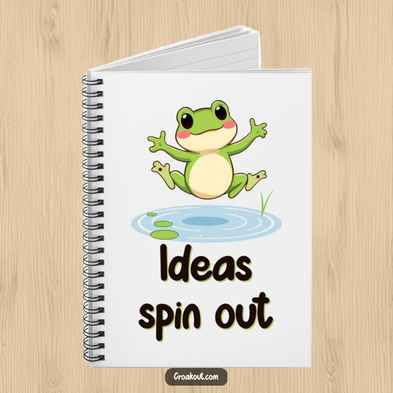 Funny frog notebook showing a cheerful amphibian doing a cartwheel in a pond, perfect for jotting down lively ideas.