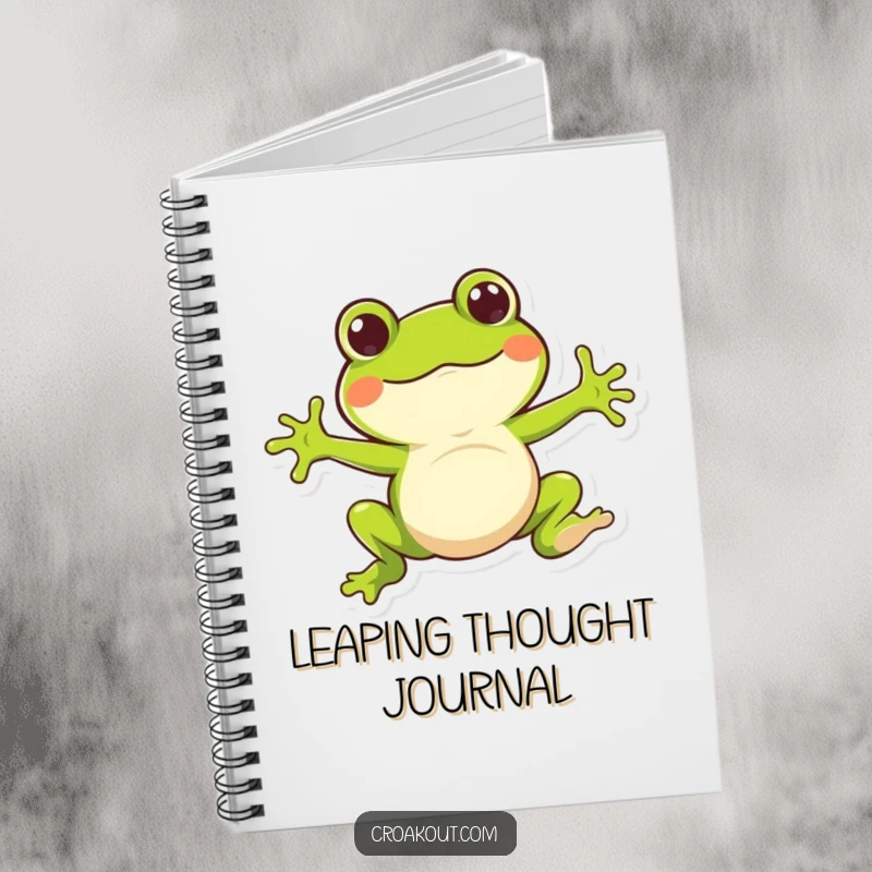 Funny notebook cover with a whimsical frog character doing a bouncy jump, inspiring notes on energetic ideas and playful adventures.