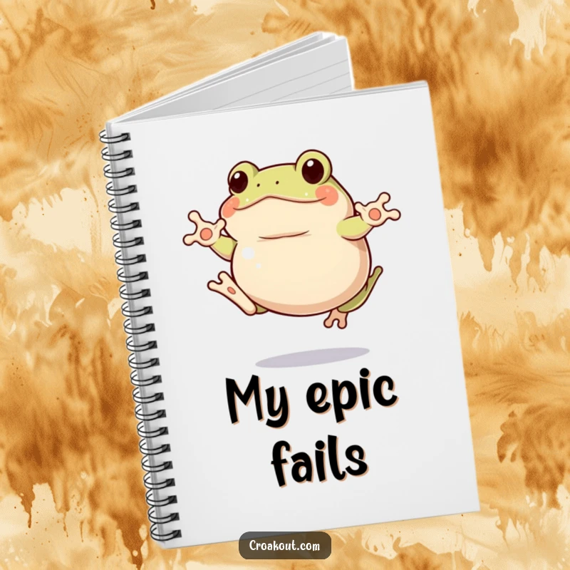 Funny clumsy frog notebook showing a plump amphibian mid-jump with comical awkwardness, a funny gift.