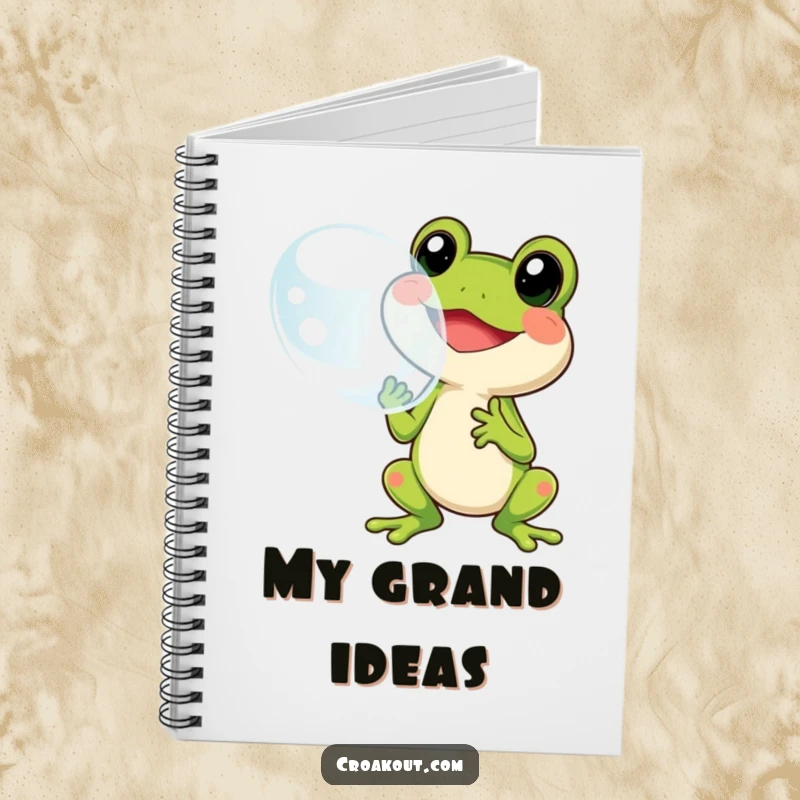 Funny frog bubble notebook featuring a cheerful character blowing a large bubble, perfect for jotting down ideas with a touch of whimsy.