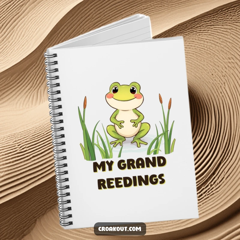 Funny frog notebook with a beaming character wading through reeds, perfect for documenting happy thoughts and cheerful musings.
