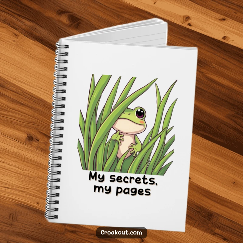 Funny frog notebook with a curious character peeking from behind grass, designed for recording spontaneous thoughts and funny observations.