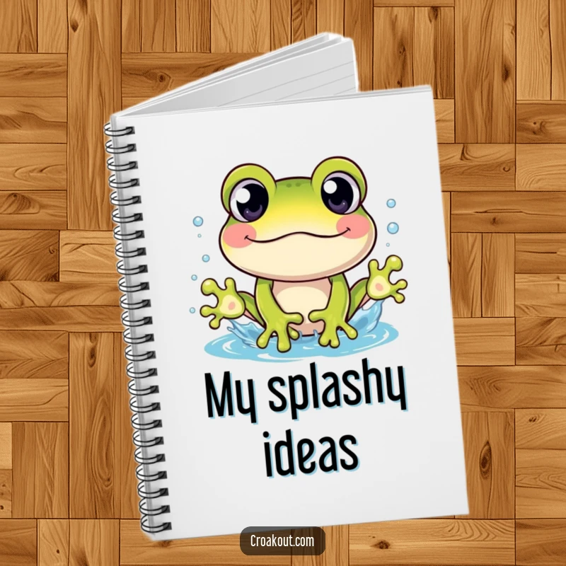 Funny notebook with a cheerful frog character, eyes wide, in a splash, perfect for notes and creative ideas.