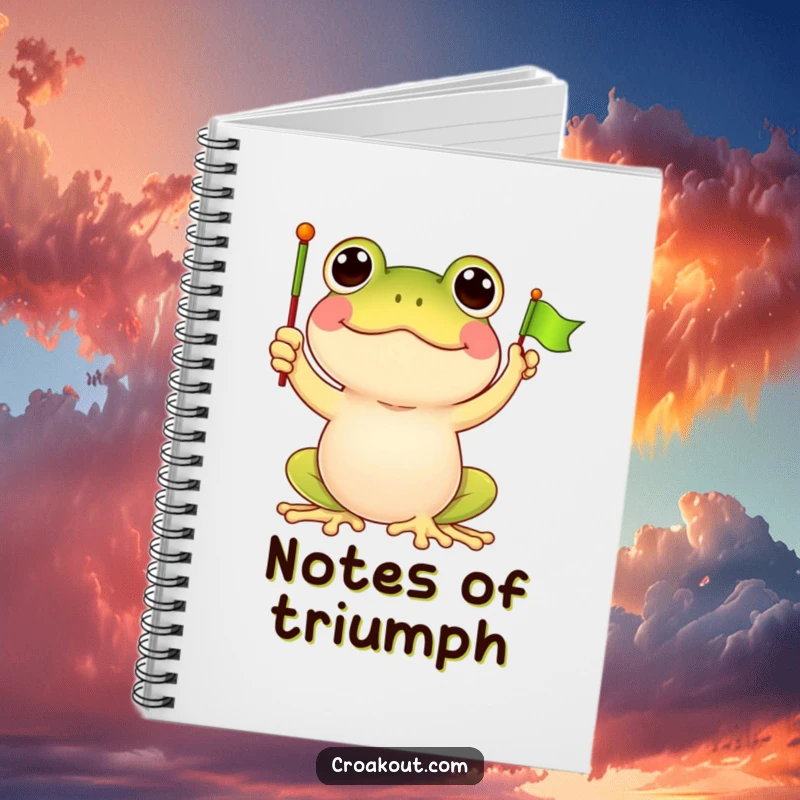 Funny frog notebook featuring a delighted frog character waving a tiny flag, inspiring cheerful note-taking and idea capture.