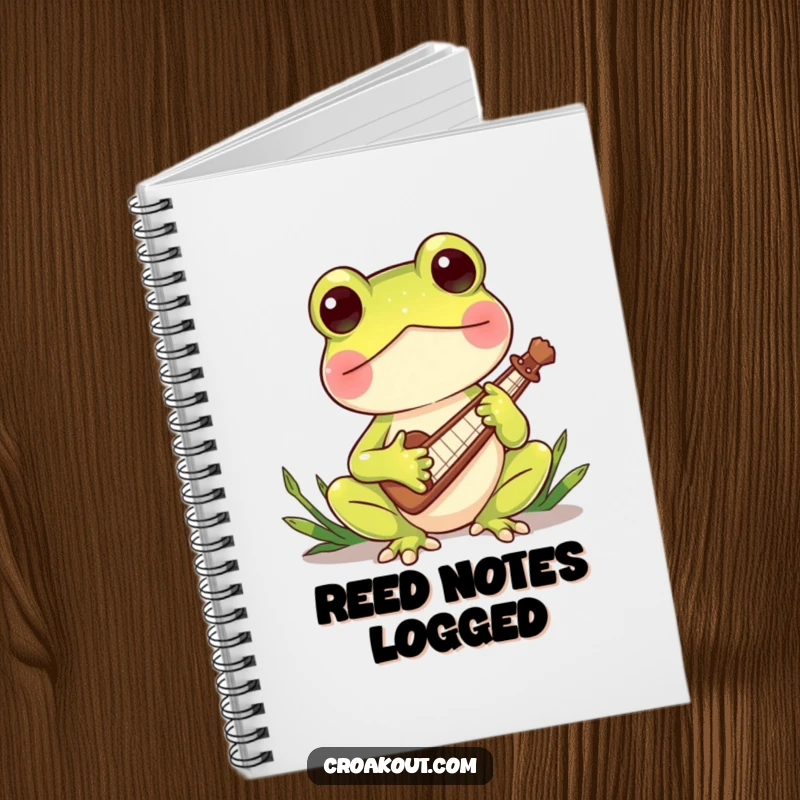 Funny notebook cover with a charming frog character playing a miniature reed instrument, inspiring notes on music and creative endeavors.