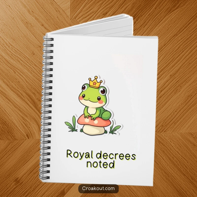 Funny frog notebook showing a small amphibian wearing a tiny crown, sitting regally on a mushroom, perfect for jotting royal ideas.
