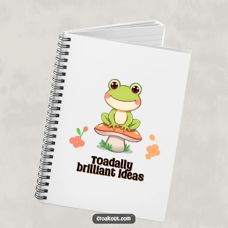 Funny frog notebook featuring a happy frog character on a mushroom, its wide grin inspiring creativity and joyful note-taking.