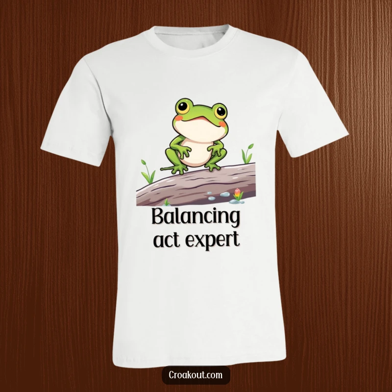 Funny t-shirt with a kawaii frog character comically losing balance on a log, arms flailing, near a pond, conveys struggle.