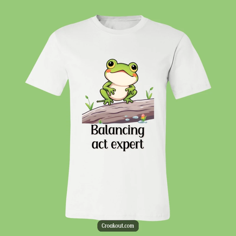 Funny Kawaii Frog Log Balance T-Shirt - Comical Outdoor Adventure Tee