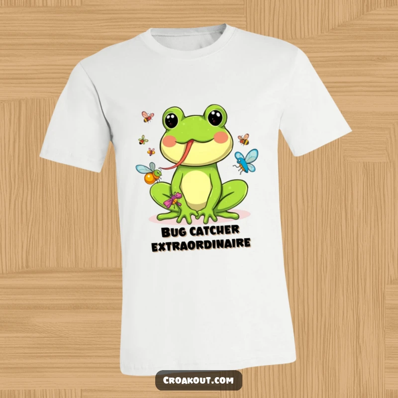 Funny t-shirt showcasing a happy frog with an extended tongue, skillfully catching multiple colorful bugs in mid-air.