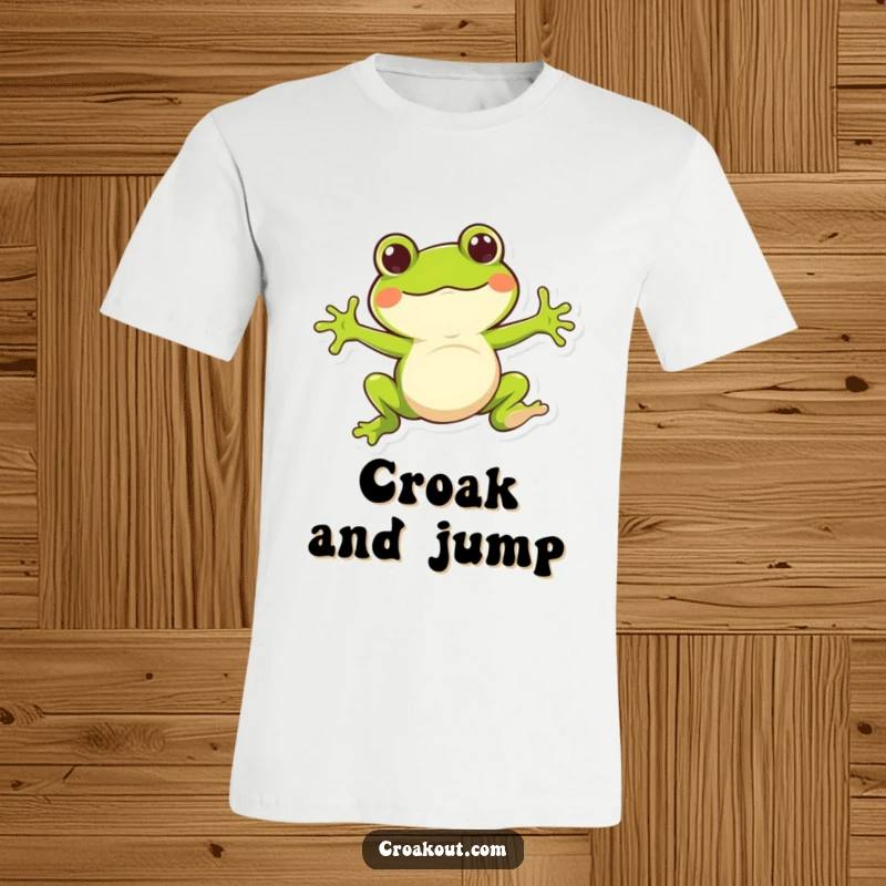 Funny t-shirt featuring a whimsical frog character performing a high, bouncy jump, conveying excitement and a spirited personality.