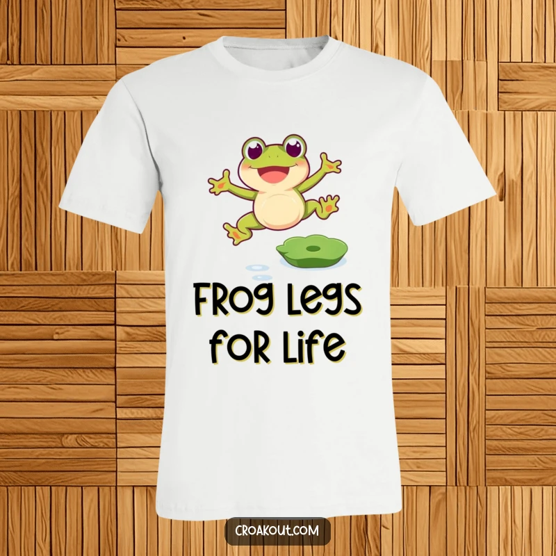 Funny frog t-shirt showing a happy amphibian leaping over a lily pad with great excitement, ideal for a funny gift.