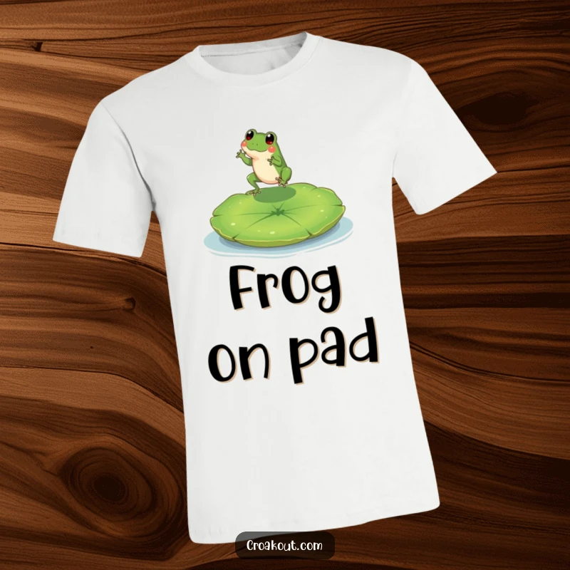 Funny t-shirt with a tiny, cheerful frog character in mid-leap, aiming for a big, green lily pad, symbolizing happiness.