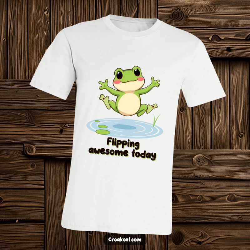 Funny frog t-shirt featuring a cheerful amphibian doing a cartwheel in a pond, a humorous and dynamic design.