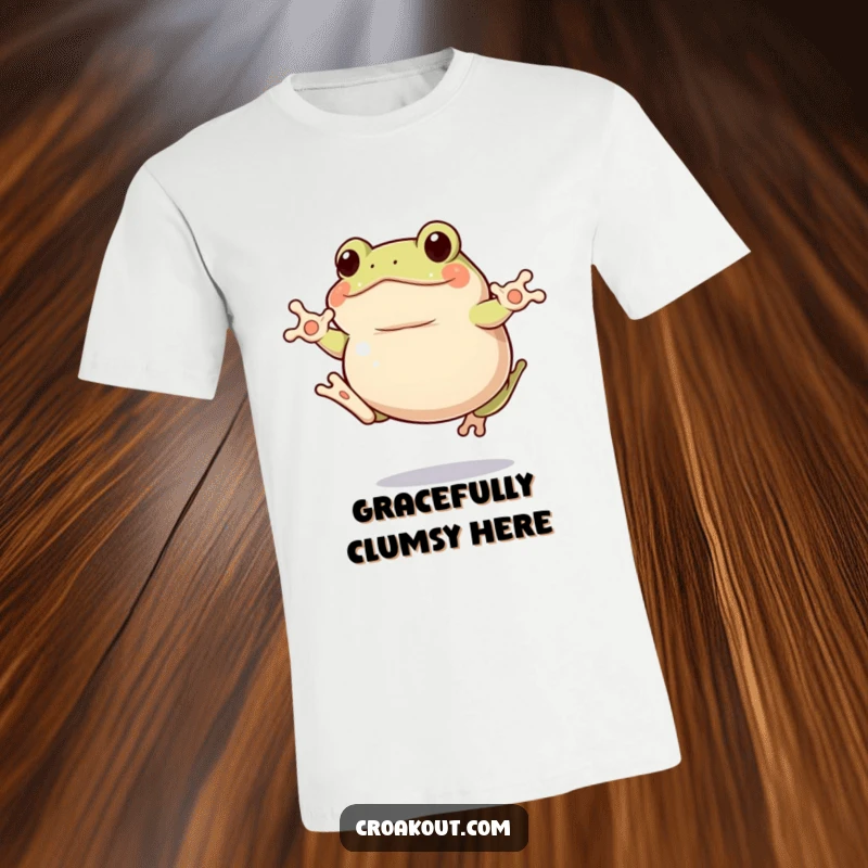 Funny clumsy frog t-shirt showing a plump amphibian mid-jump with comical awkwardness, ideal for a funny gift.