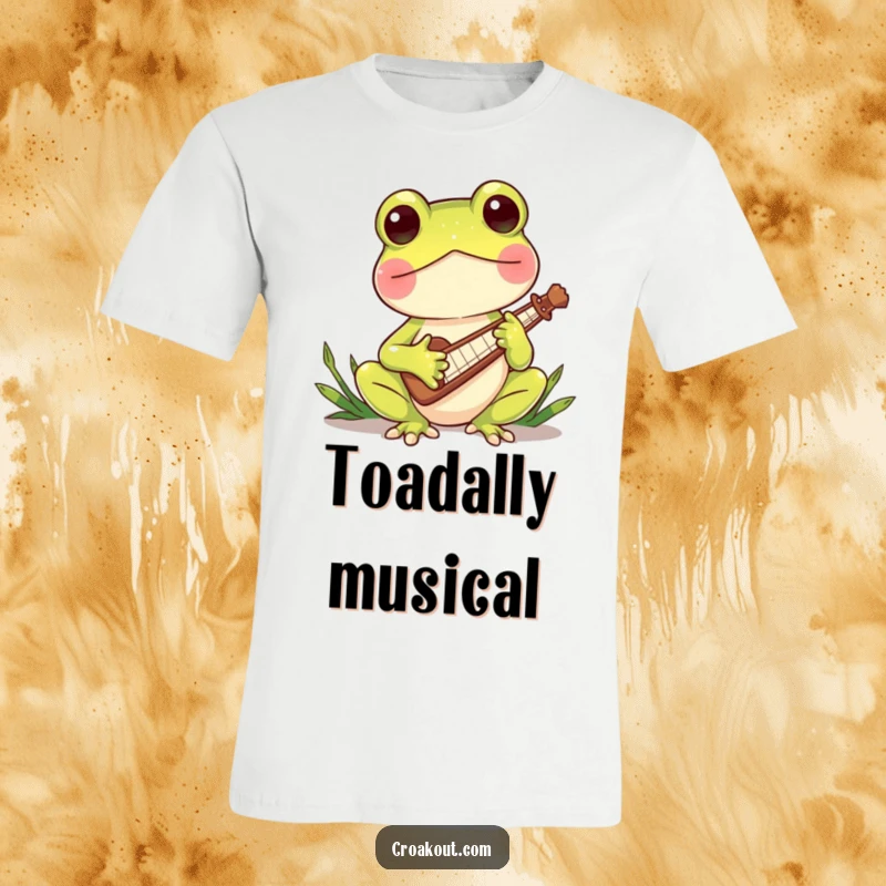 Funny t-shirt featuring a charming frog character playing a miniature reed instrument, illustrating a delightful musical moment.