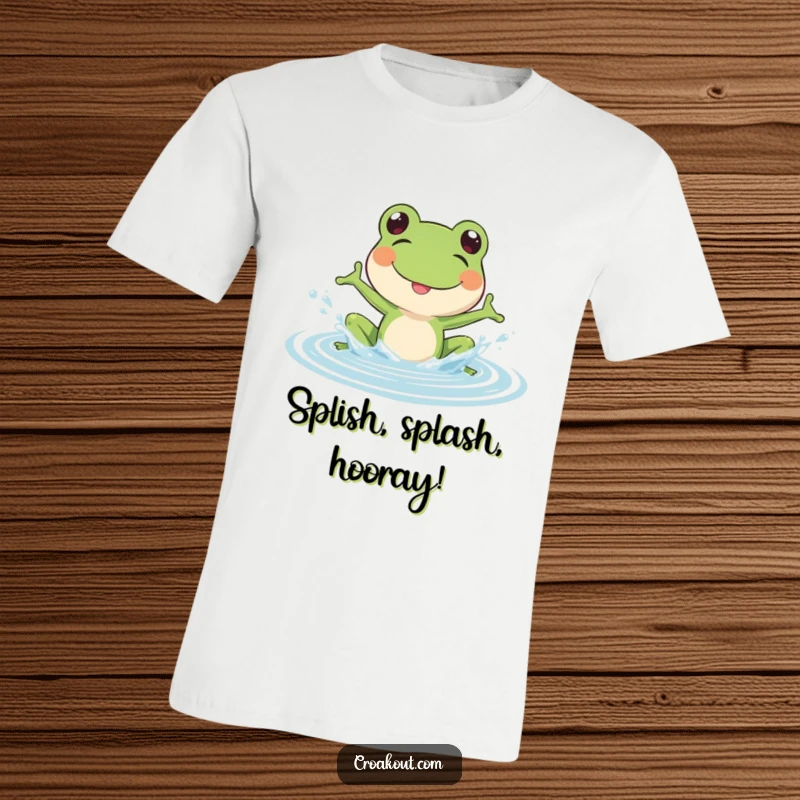 Funny Frog T-Shirt: A dynamic design of a frog splashing water, symbolizing carefree fun and energetic playfulness.