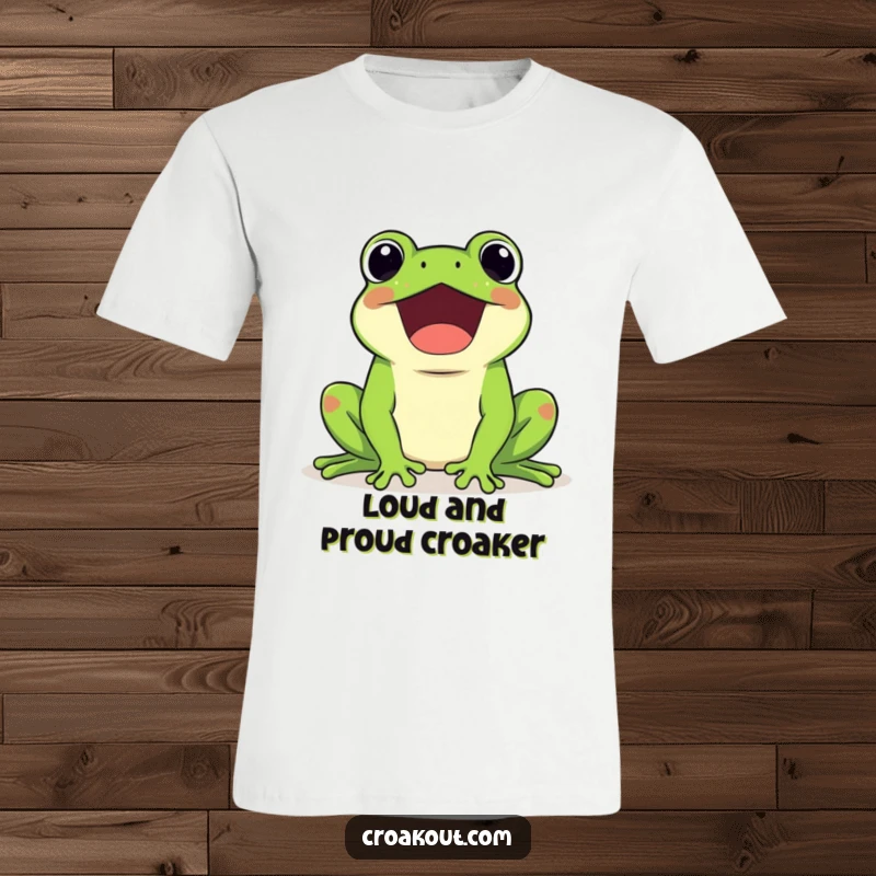 Funny t-shirt with a kawaii frog character enthusiastically croaking loudly, with sound waves emanating, conveying joyful expression.